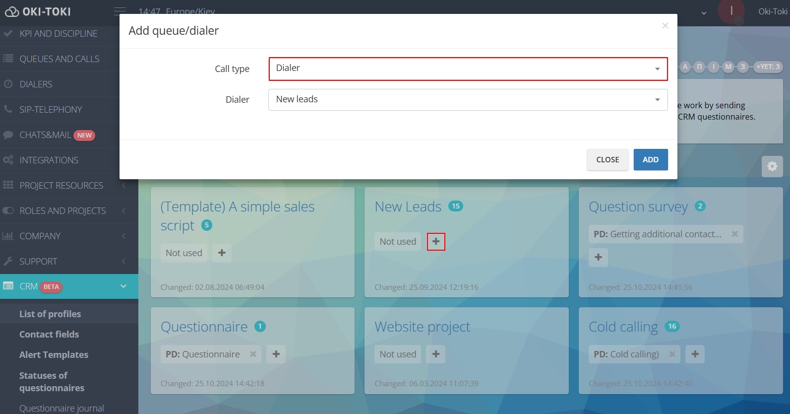 Choosing the dialer for the form template