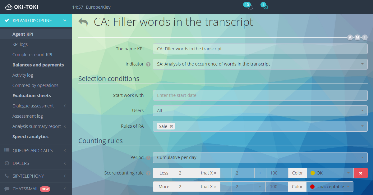 OKI-TOKI KPI settings interface for analyzing filler words in call transcripts. Fields for setting the KPI name, indicator, selection conditions, such as start date, users, and rules are shown. Sections include scoring rules, data accumulation periods, and a color-coded rating scale (yellow — “OK”, red — “Unacceptable”). Parameters for assessing the number of filler words in call transcripts, with the ability to set thresholds and points, are also displayed.