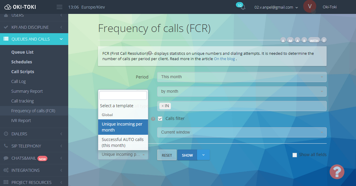 Frequency of Calls (FCR)”. Dropdown menus for selecting report templates, filters, and analysis periods are visible. Options for setting filters for inbound calls and successful dialer calls for the current month are also present. The panel displays navigation sections on the left, such as “Queues and Calls”, “Call Scripts” and “SIP Telephony