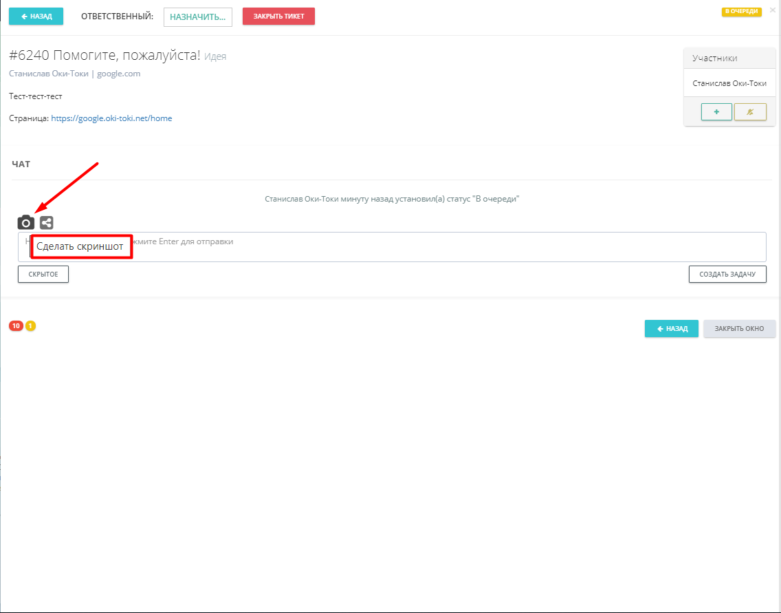 Скриншот из интерфейса для тикета 