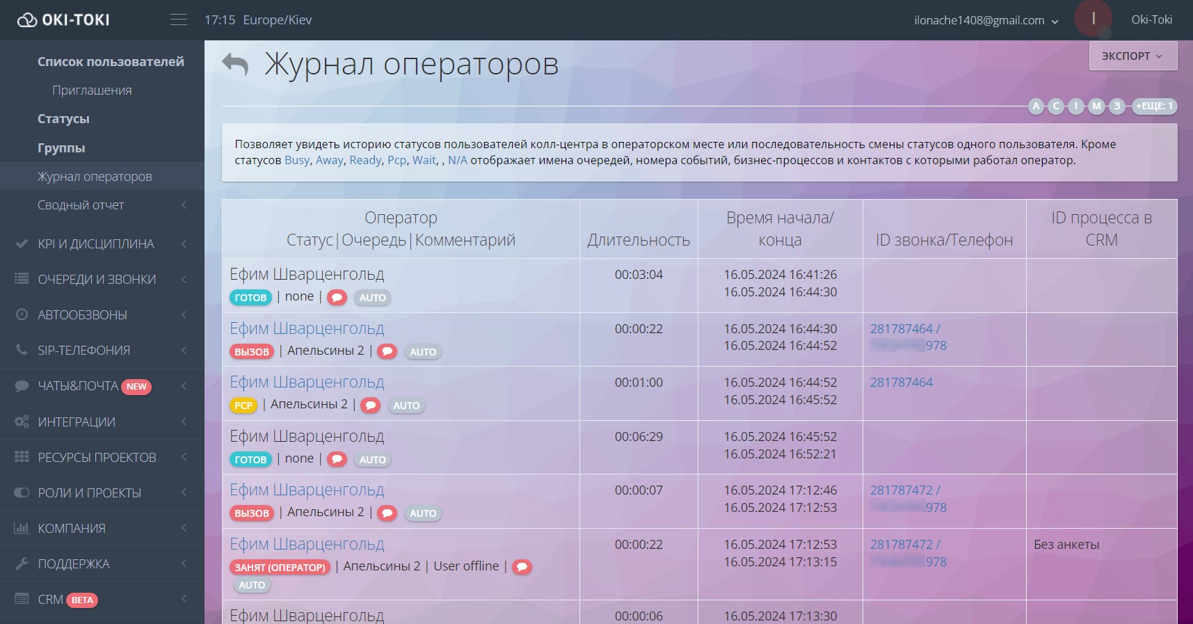 Рабочее время операторов в Оки-Токи