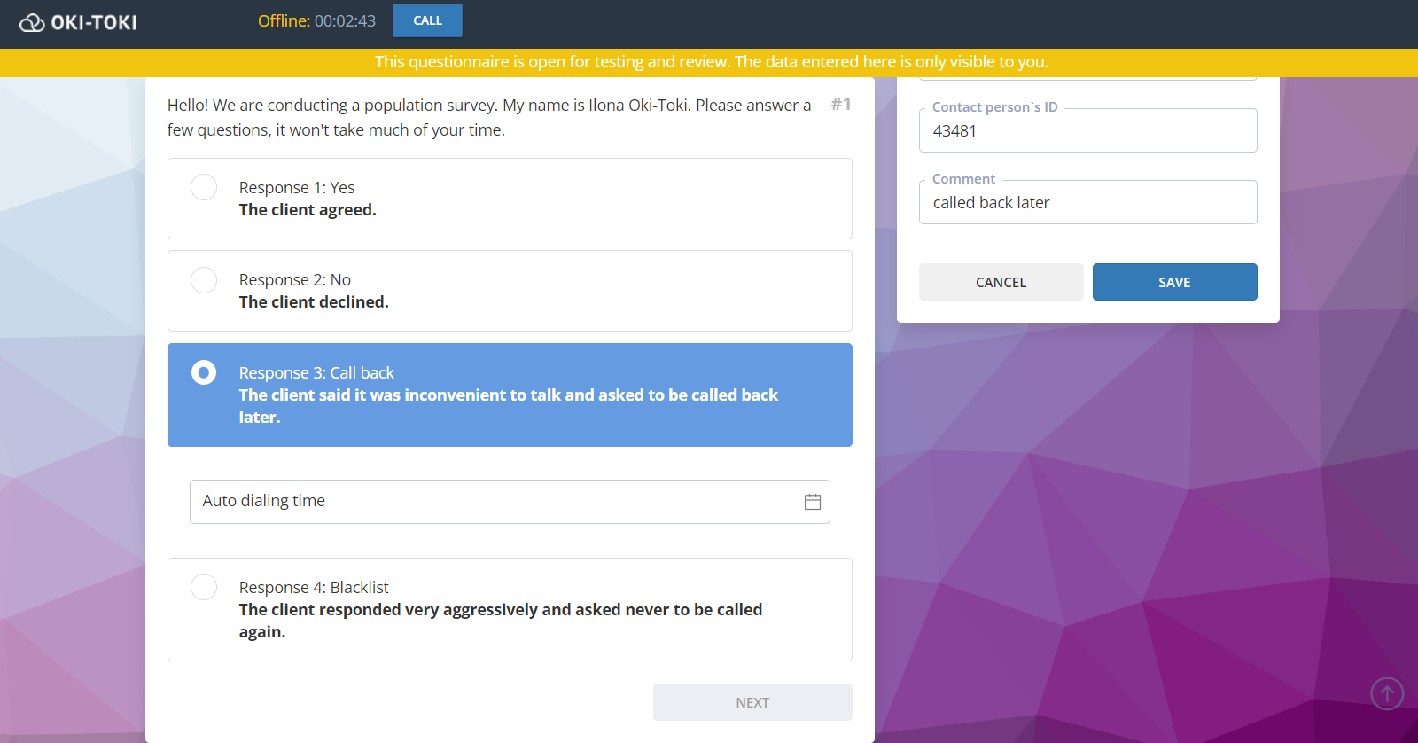 Script for call center in Oki-Toki