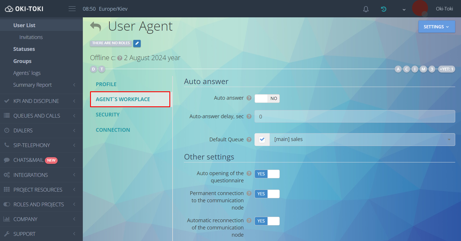 Creating a user in Oki-Toki