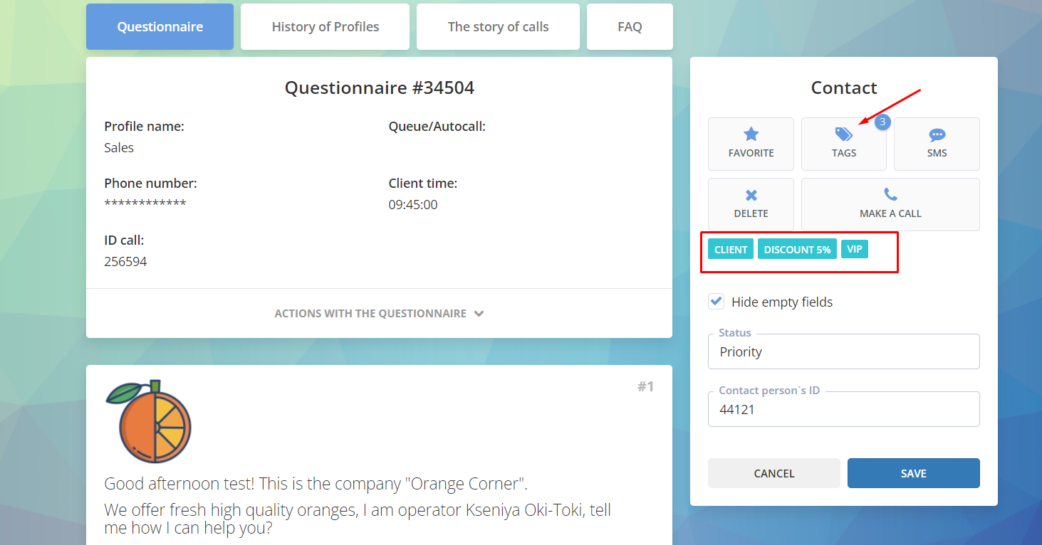 Tag in the questionnaire, set manually