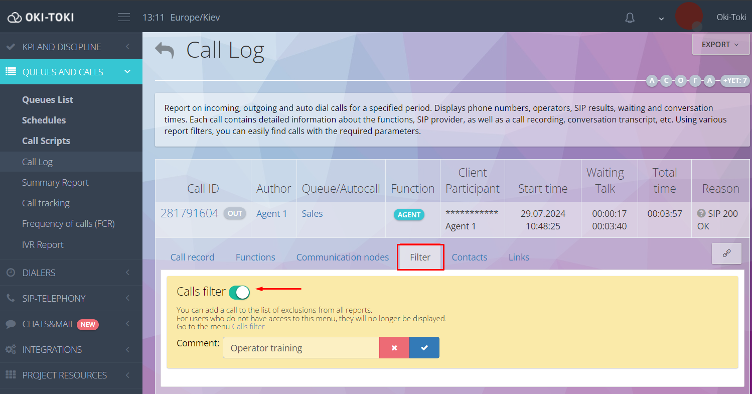 Filter in the Call Log