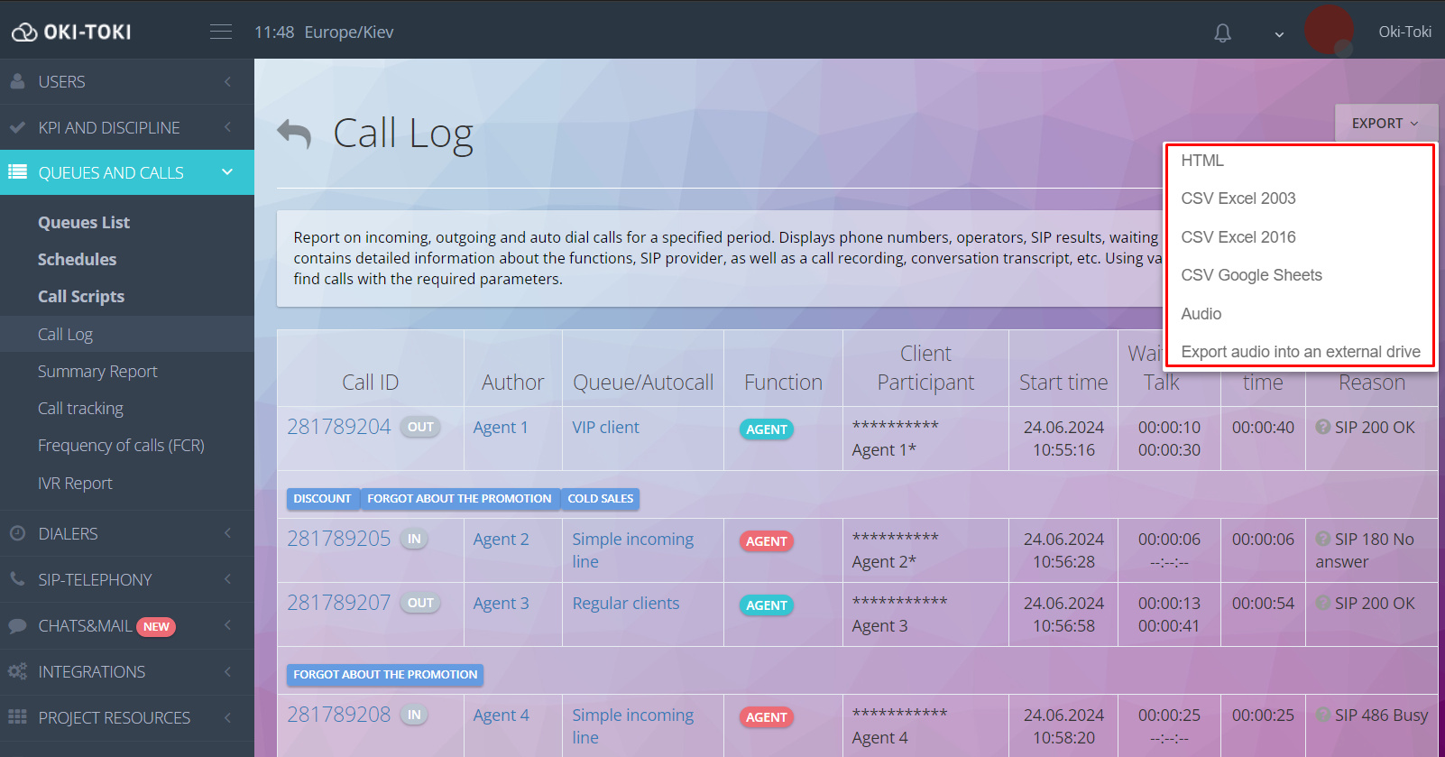 Audio export in the Call Journal