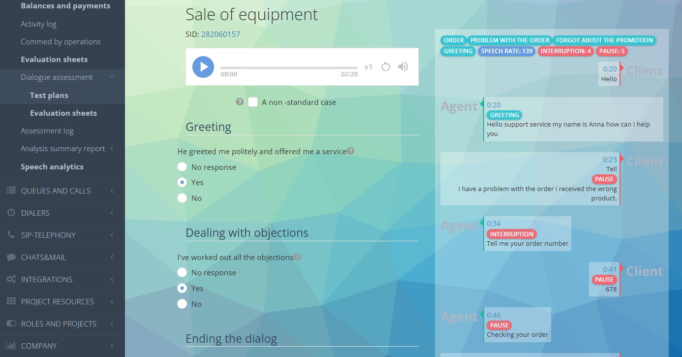 Evaluation of agent's dialogs