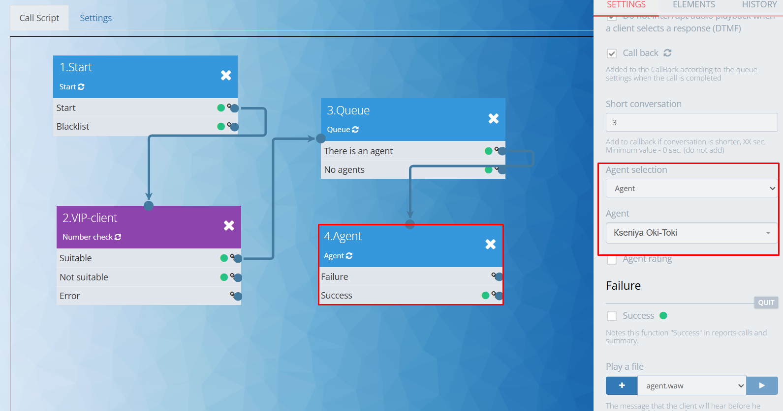 Choosing an agent in the call script 